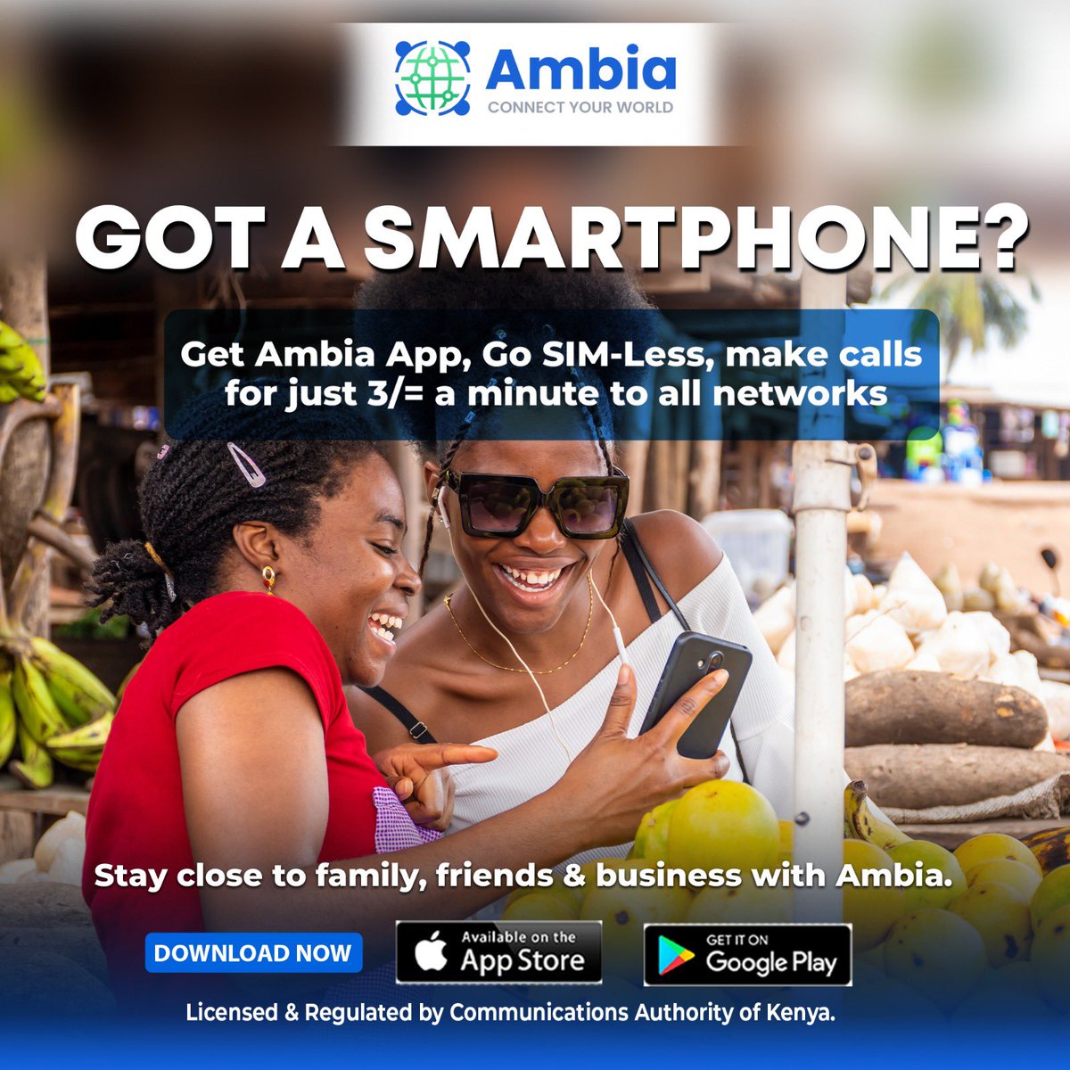 AmbiaApp's tweet photo. 📱 Your phone + Ambia = Endless connections!
Talk to anyone in Kenya for only KES 3/min, no SIM card needed.
Whether it’s family, friends, or business. Staying connected has never been this easy. 🌍✨

👉 Download now:
Google Play: https://t.co/rT6Tb7j029
App Store: https://t.co/6qIXN78uqy

#AmbiaApp #ConnectYourWorld #madeforkenyans