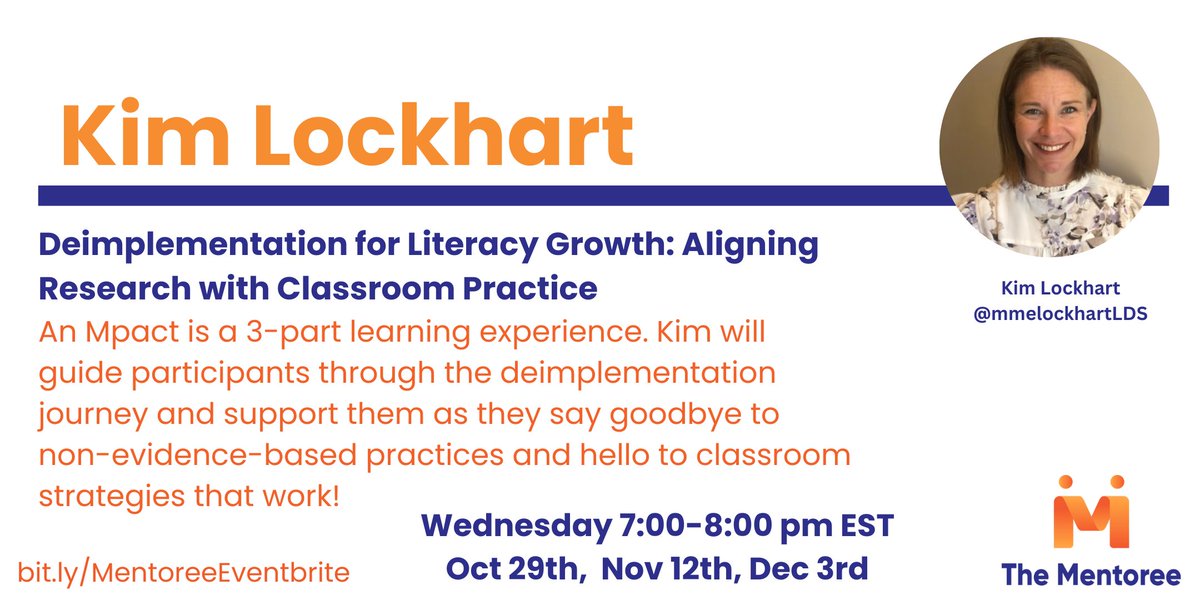 TheMentoree's tweet image. After a very successful Motivators event on Deimplementation for #Literacy Growth, we are even more excited to have @MmeLockhartLDS leading a 3-session Mpact on the topic for a limited number of participants. Learn more: bit.ly/MentoreeEventb… #OntEd #Edu #mentorship #learning