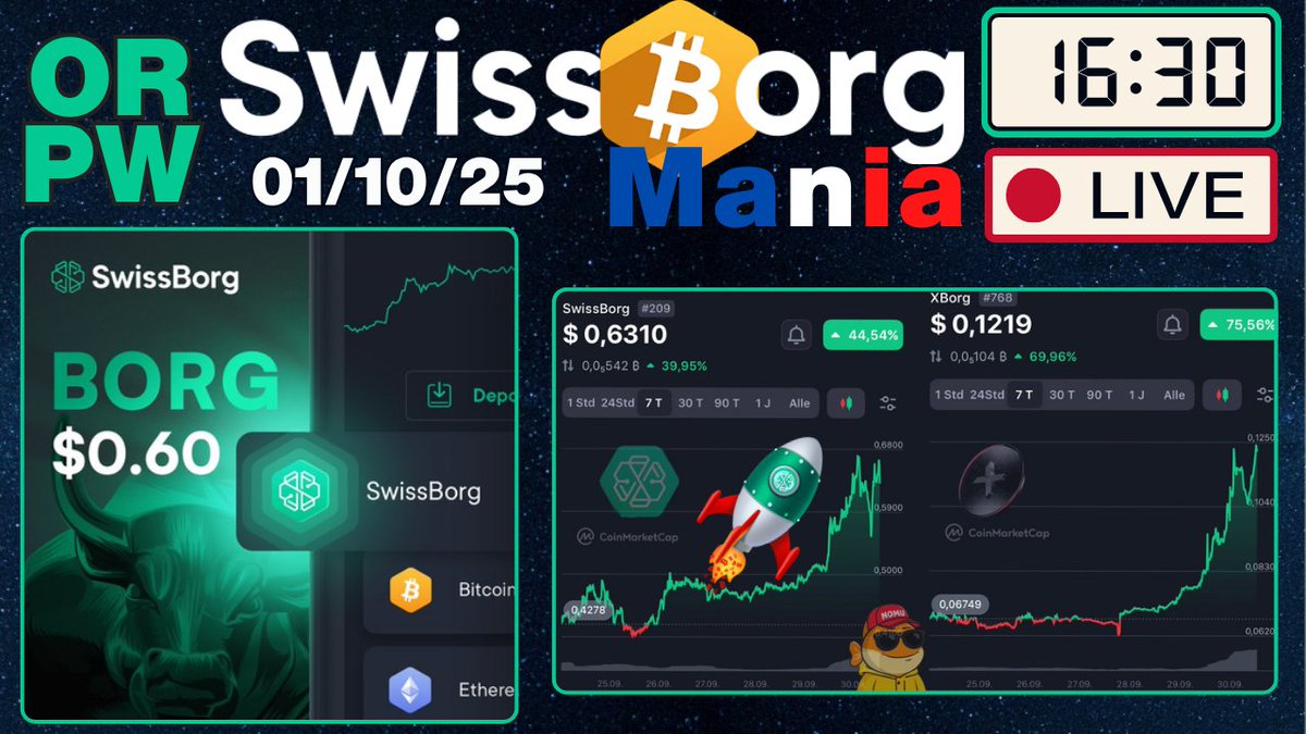 📣💥 Maaaax de Bruit pour l'ORPW de 16H30
Toute l'actu de l'écosystème @SwissBorg 💚🪃
En direct !!
youtube.com/live/XrWhEIA6W…

$BORG ✅ locomotive 🚂 de l'écosystème + 154% sur 1 mois, déjà les 0,6$ 

Uptober LE mois de folie en approche :
@XBorg et <a href="/Borgy/">Borgy</a> Pump en cours 🔥🤑