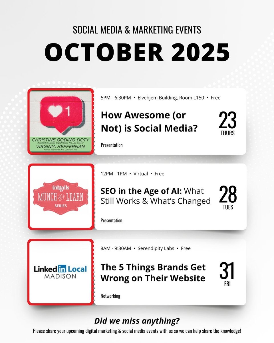 SO MANY events this October to take advantage of!!! Check it out

<a href="/TingallsDesign/">Tingalls Design</a> <a href="/madisonmagnet/">Madison Magnet</a>  <a href="/AMAMadison/">AMA Madison</a> <a href="/spokenframe/">Spoken Frame Media</a> <a href="/DreamBankMSN/">DreamBank</a> <a href="/SerendipityLabs/">Serendipity Labs</a> <a href="/elzieflenardIII/">Elzie D. Flenard III</a> <a href="/crestodina/">Andy Crestodina</a> <a href="/orbiteers/">Orbit Media Studios</a> <a href="/GodingDoty/">Christine Goding-Doty</a> <a href="/TheNewSchool/">The New School</a> #SMBMad