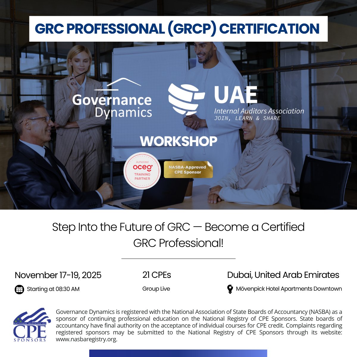 GovernanceDyn's tweet photo. Master GRC and Become a Recognized Industry Leader 🥇

Join us November 17–19, 2025, for the GRC Professional (GRCP) Certification Workshop — an intensive 3-day training delivered in partnership with the UAE Internal Auditors Association (UAE IAA).

Prepare thoroughly for the GRCP exam with expert guidance designed to help you pass and earn the globally recognized GRC Professional (GRCP) certification from OCEG!

Unlock the skills and knowledge that empower you to confidently lead governance, risk, and compliance initiatives in today’s dynamic business environment. This certification validates your expertise and commitment to continuous professional growth.

Why enroll?
• Gain a versatile skill set to enhance your value to employers and boost career advancement
• Position yourself as a leader in integrated GRC frameworks
• Increase your global recognition and job security in complex organizational landscapes
• Earn 21 CPE credits, helping you maintain certifications and stay competitive

As an Authorized OCEG Training Partner and NASBA-Approved CPE Sponsor, Governance Dynamics delivers expert instruction from certified professionals dedicated to your success.

🔗 Register now to secure your spot: https://t.co/iWkbEDXOPY

Take the next step toward becoming a trusted GRC leader — your future starts here!

#GovernanceDynamics #UAEIAA #GRCP #GRC #Governance #RiskManagement #Compliance #OCEG #UAE #KSA #CPE #NASBA