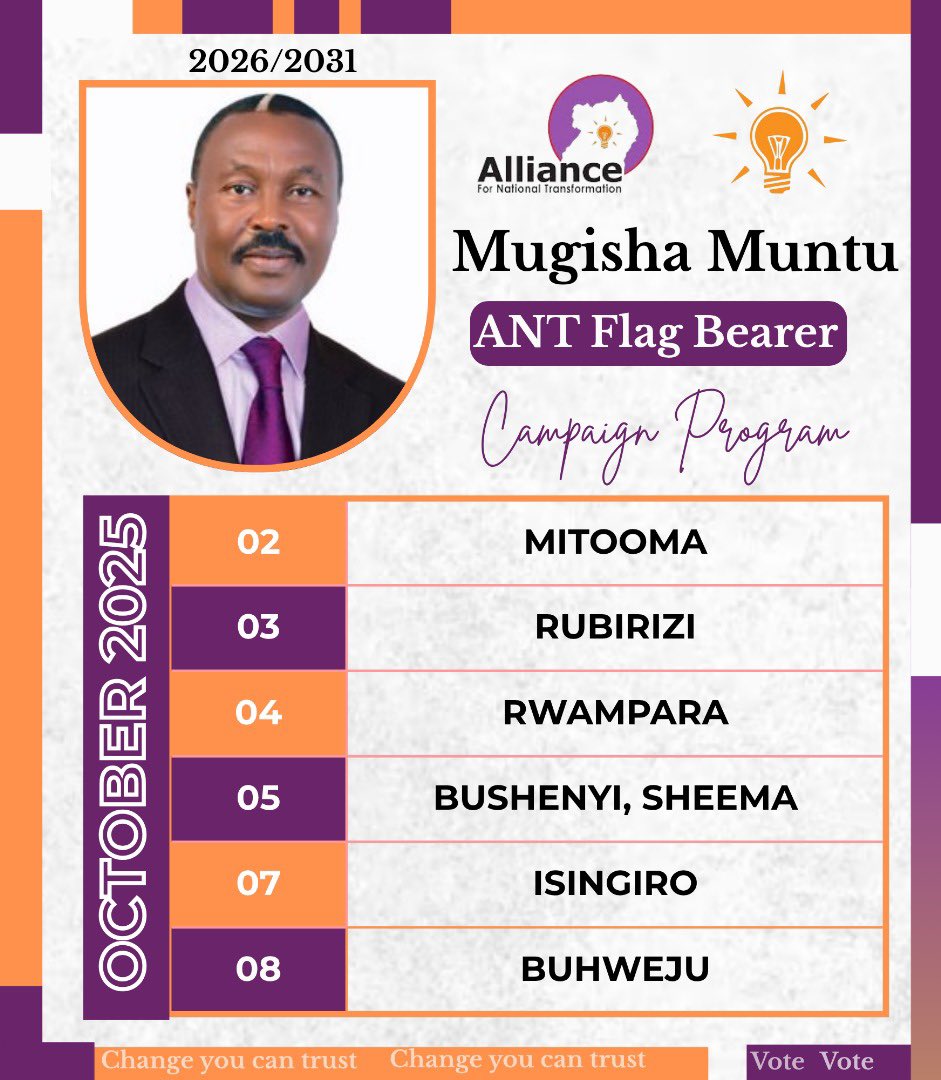 TheAllianceUG's tweet photo. Tomorrow, we resume the campaign activities of our Presidential Candidate, Maj. Gen. @mugishamuntu.

Our campaign team will be in Mitooma District, Ankole Sub-region, where we shall engage with citizens &amp; share our vision of building a peaceful, united, and prosperous Uganda. https://t.co/IgUd9YUYzj