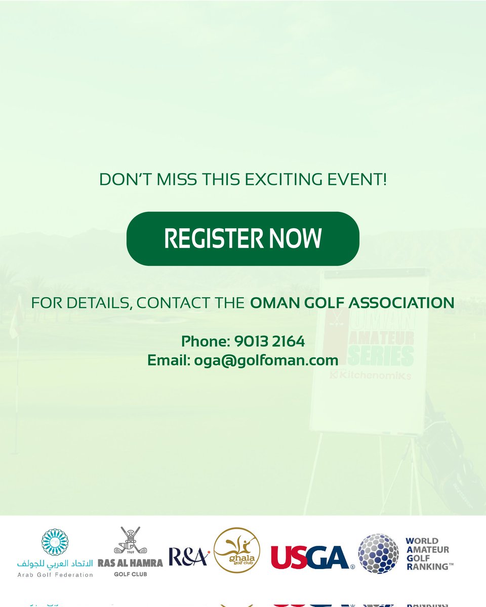 Registrations open for the next leg of Oman Amateur Series at @rasalhamragolfclub . 

Date : 16th - 18th October 
Location: Ras Al Hamra Golf Club 
For registration contact: +968 9013 2164 (Jonathan)
Or mail: oga@golfinoman.com