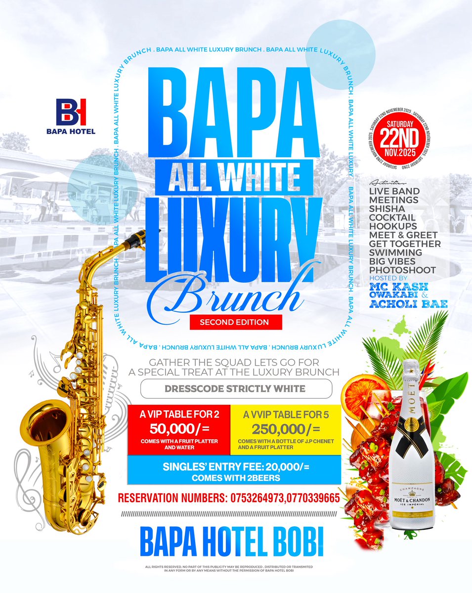 BapaHotel's tweet photo. To make a reservation, please call 0753264973 or 0770339665. Don't miss the second edition of BapaAllWhiteLuxuryBrunch on Saturday, 22nd November, featuring live band music and various activities including swimming, photoshoots, and cocktails.
The dress code is strictly  White. https://t.co/NvUwJXkU6k