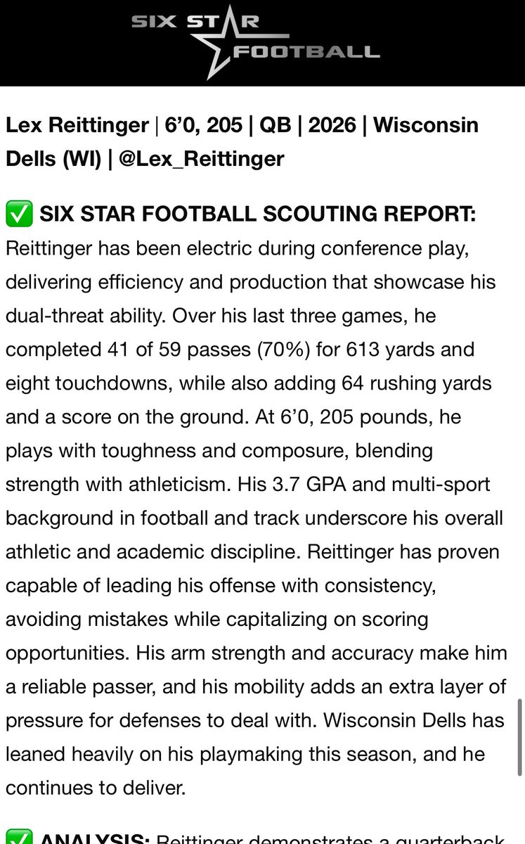 Lex_Reittinger's tweet photo. Thank you to @sixstarfootball for the evaluation. Much appreciated!
@PrepRedzoneWI @SportPrepX @RockPerkins52 @TopPreps https://t.co/KvYwEFTOoH