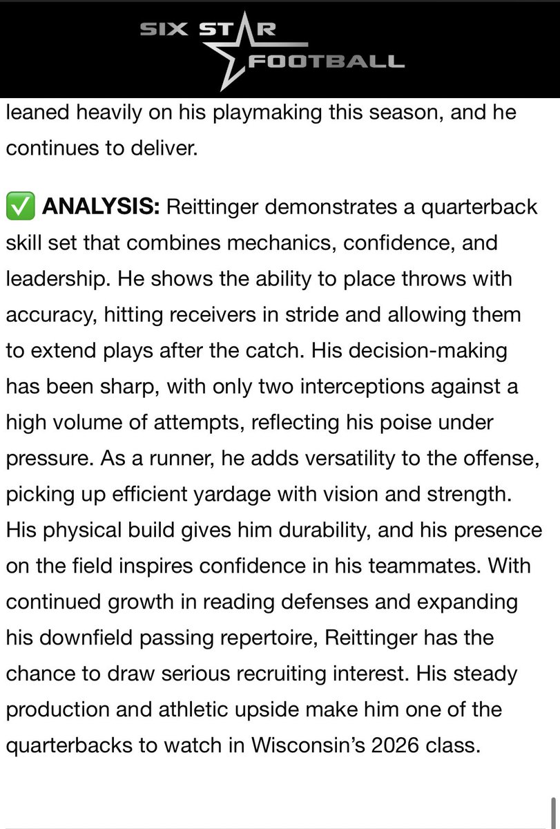 Lex_Reittinger's tweet photo. Thank you to @sixstarfootball for the evaluation. Much appreciated!
@PrepRedzoneWI @SportPrepX @RockPerkins52 @TopPreps https://t.co/KvYwEFTOoH