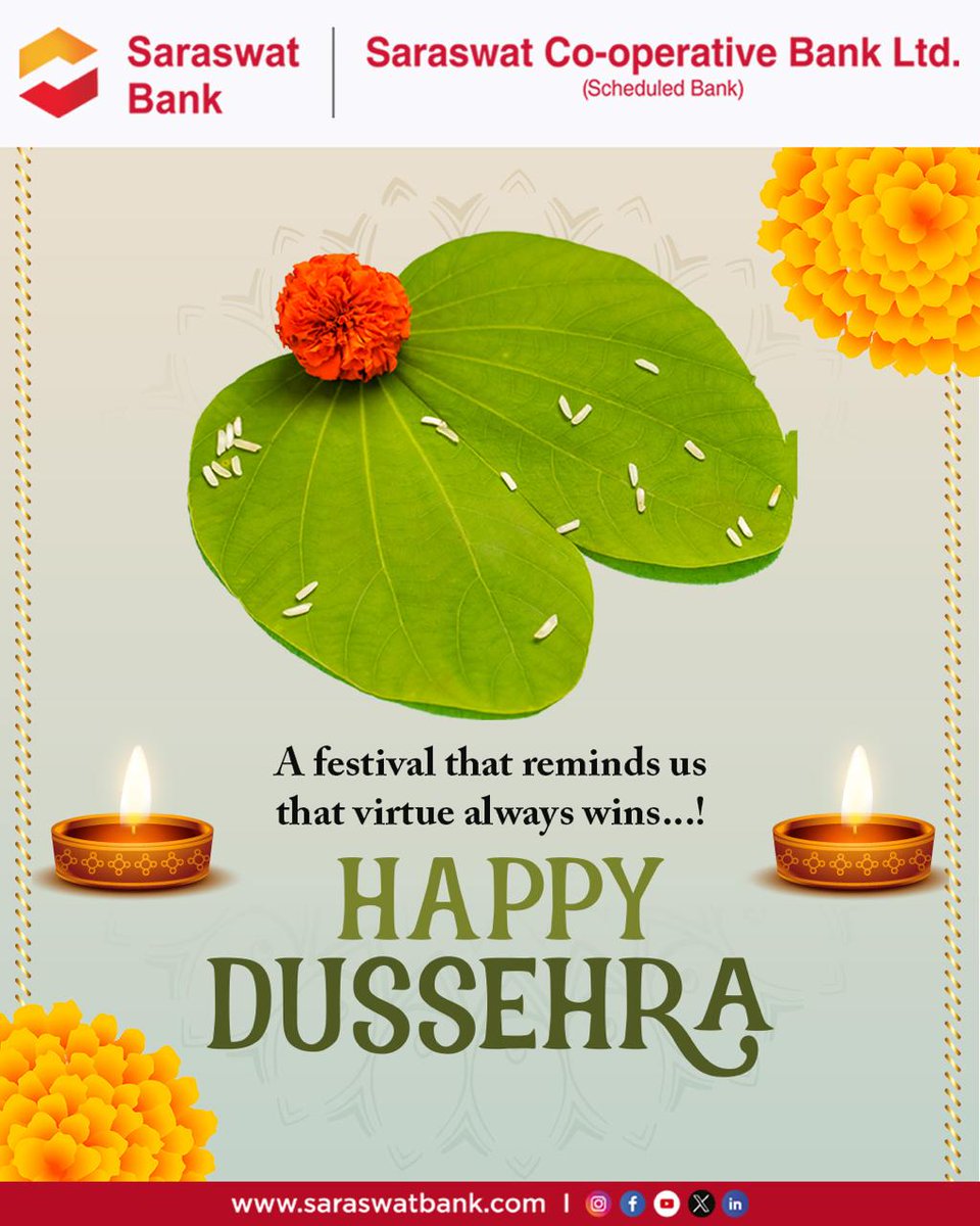 Dussehra is a reminder that truth shines brighter than any shadow. Let’s celebrate the festival that inspires us to walk the path of light and righteousness. Happy Dussehra.

#SaraswatBank #Banking #Dussehra
