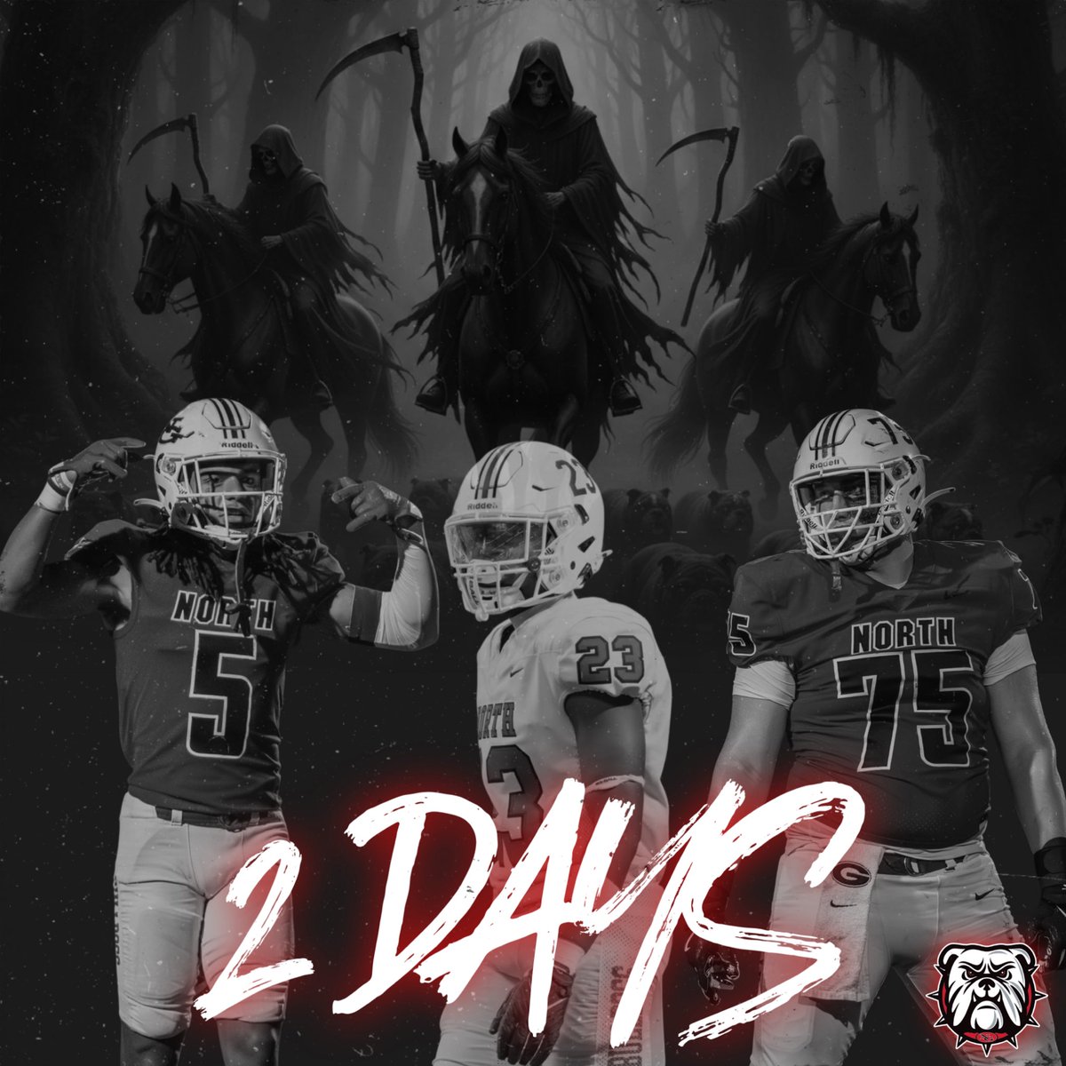 2 DAYS AWAY! Come cheer on our DAWGS as they take on the blue school in a huge Region matchup! Take the short trip down the road Friday at 7:30p! Let’s go!!

#NORTH #FAMILY #BeADawg #RIB25