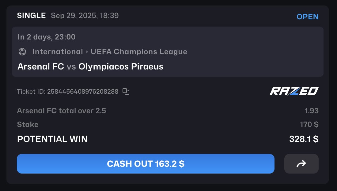 Backed Arsenal over 2.5 on Razed. Trusting Arteta’s attacking blueprint to deliver. 💰🔒 #UCL