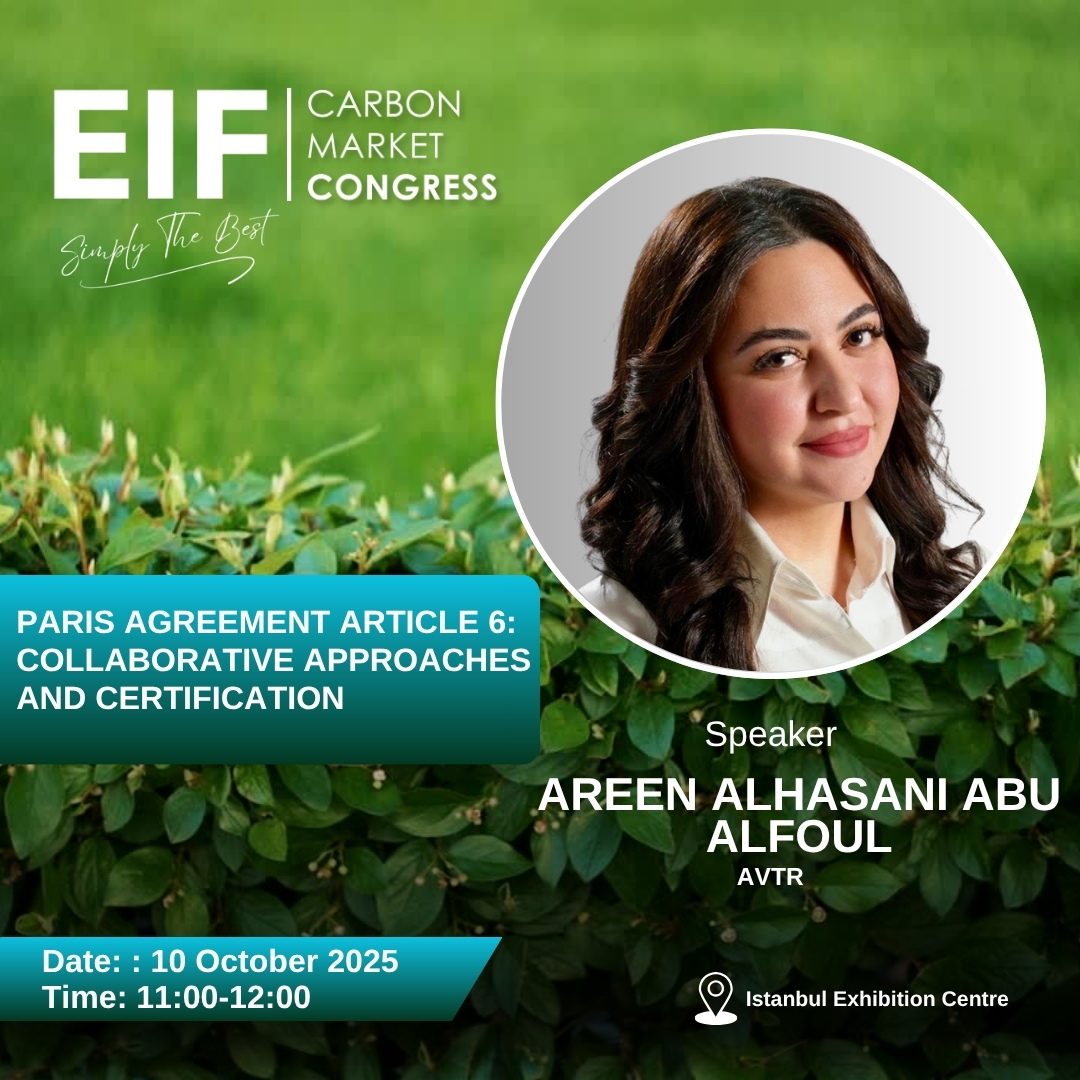 eif2050's tweet photo. 09-10 Ekim tarihlerinde İstanbul Expo Center'da gerçekleştirilecek EIF Karbon Kongresi'nin "PARIS ANLAŞMASI MADDE 6 – İŞ BİRLİKÇİ YAKLAŞIMLAR VE SERTİFİKASYON" oturumunda Areen AlHasani Abu AlFoul, MSc'u konuşmacı olarak ağırlamaktan memnuniyet duyuyoruz.
#AVTR https://t.co/CGqMyS5OCo