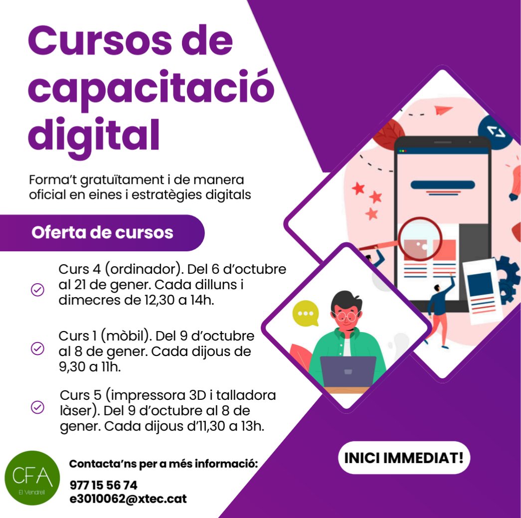 Tothom qui estigui interessat en els cursos de capacitació digital, us esperem al <a href="/CfaVendrell/">CFA El Vendrell</a>.

<a href="/ConsellCBP/">CC Baix Penedès</a> <a href="/XVendrellenca/">Federació Xarxa Vendrellenca 🏡🌈♻🟢🌏🏕</a>  
<a href="/EducaVendrell/">Educació El Vendrell</a>  <a href="/sebaixpenedes/">SE Baix Penedès</a> <a href="/elvendrell_cat/">Ajuntament del Vendrell</a>
#fadults #educaciodadults  <a href="/OficinaJoveBP/">Oficina Jove BP</a> <a href="/ConsellCBP/">CC Baix Penedès</a>