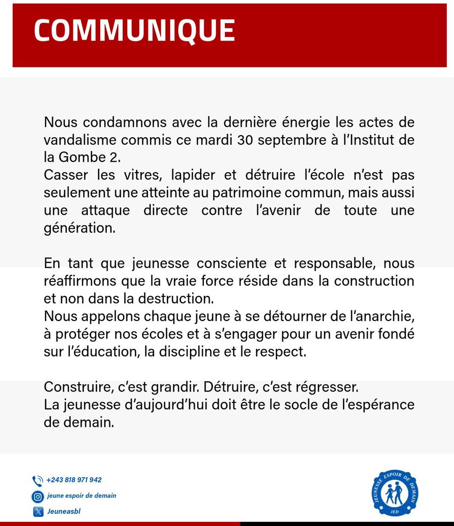 La vraie force de la jeunesse réside dans la construction, pas dans la destruction. Protégeons nos écoles, protégeons notre avenir.