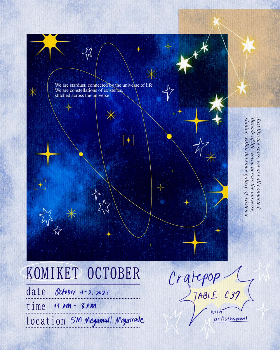 cratepop_ph's tweet photo. cratepop ⊹₊⟡⋆ ✨ Komiket comeback at last!

Catch my new arts (mostly originals, taking a long shot for not selling fanarts this time 🤞🏼🫣) this coming weekend at #Komiket2025 

⋆˙⟡ SM Megamall, Megatrade Hall 2
⋆˙⟡ Oct 4-5, 11am to 8pm

the stars wishes for your safety https://t.co/W6YiF1zMGT