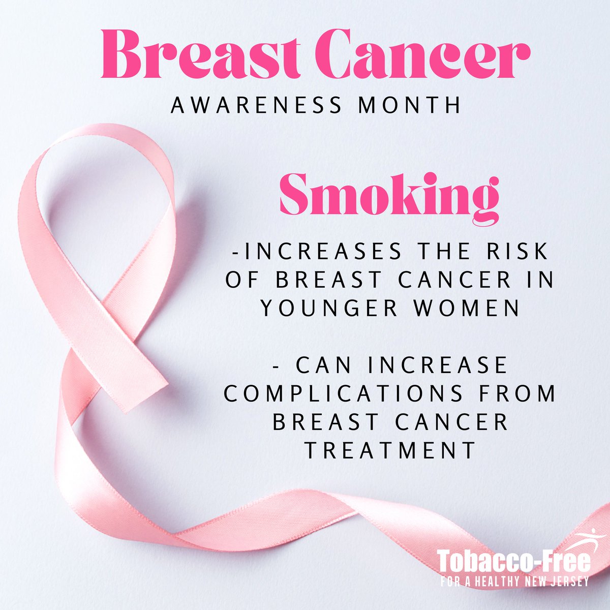 Smoking is a well-established risk factor for breast cancer HOWEVER cessation can significantly reduce the risk of breast cancer 🎀

Quitting will also improve effectiveness of cancer treatment  🎀 

Tobaccofreenj.com for more information &amp; cessation resources