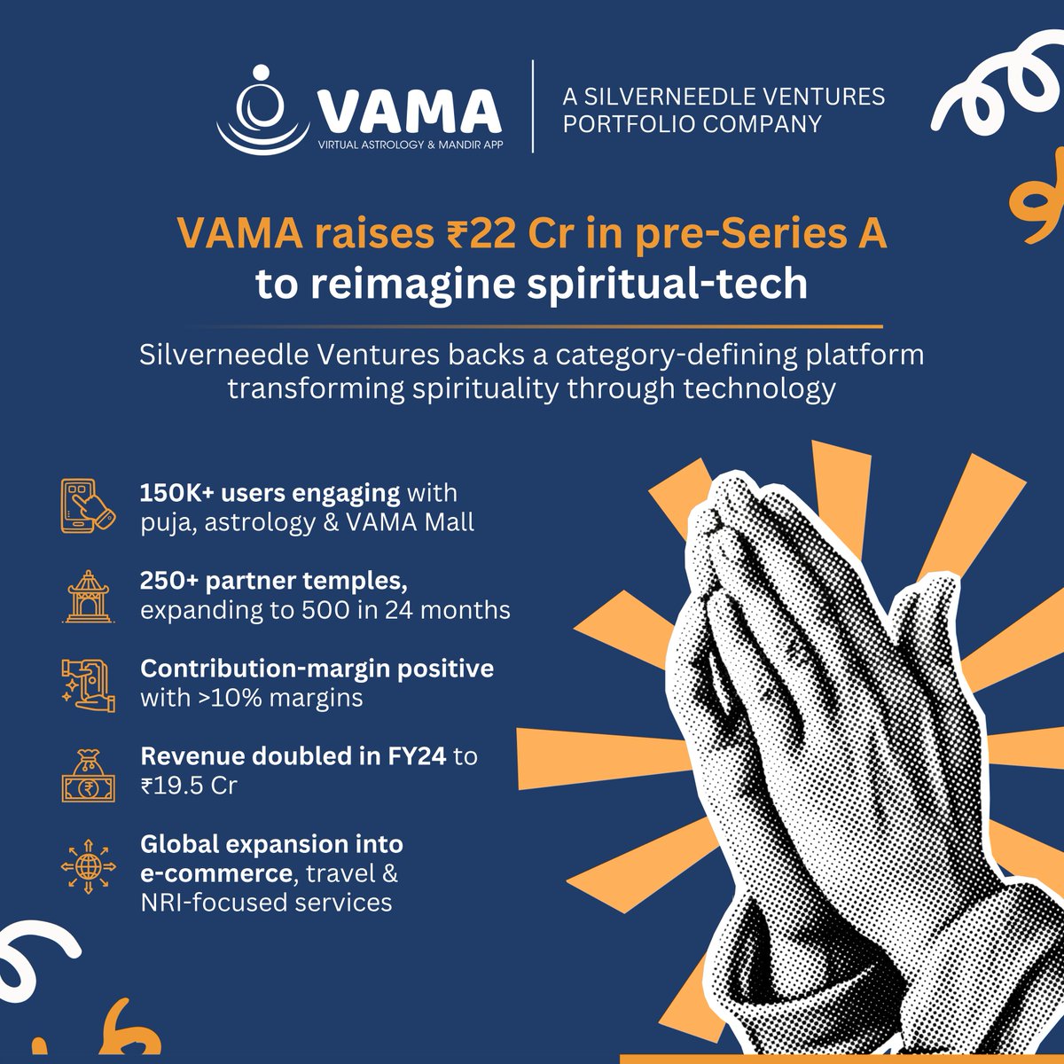 SilverneedleV's tweet image. Proud to back @vamapp, a  #SpiritualTech #startup raising ₹22 Cr in #PreSeriesA with #WavemakerPartners, @500GlobalVC  &amp;amp; others.

With 150K+ users, 250+ temples &amp;amp; positive unit economics, #VAMA is building the #digitalinfrastructure for #spirituality.

#StartupFunding #VC