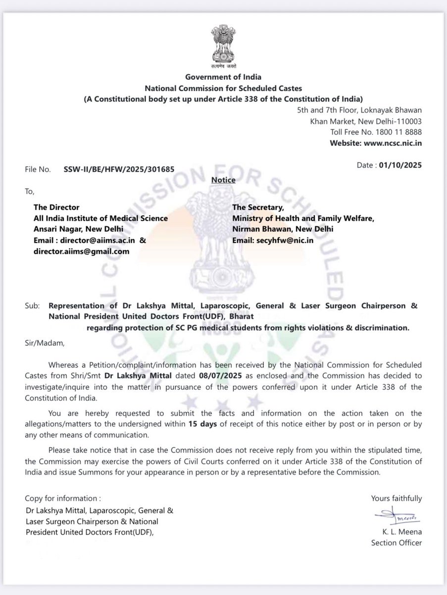 🚨 Big Development 🚨
After our representation, National Commission for Scheduled Castes <a href="/NCSC_GoI/">National Commission for Scheduled Castes</a> has issued notice to Secretary <a href="/MoHFW_INDIA/">Ministry of Health</a> &amp; Director <a href="/aiims_newdelhi/">AIIMS, New Delhi 🇮🇳</a> over alleged discrimination &amp; violation of duty hours of PG medical students.

Team <a href="/UDF_BHARAT/">UNITED DOCTORS FRONT (UDF)</a> will ensure no