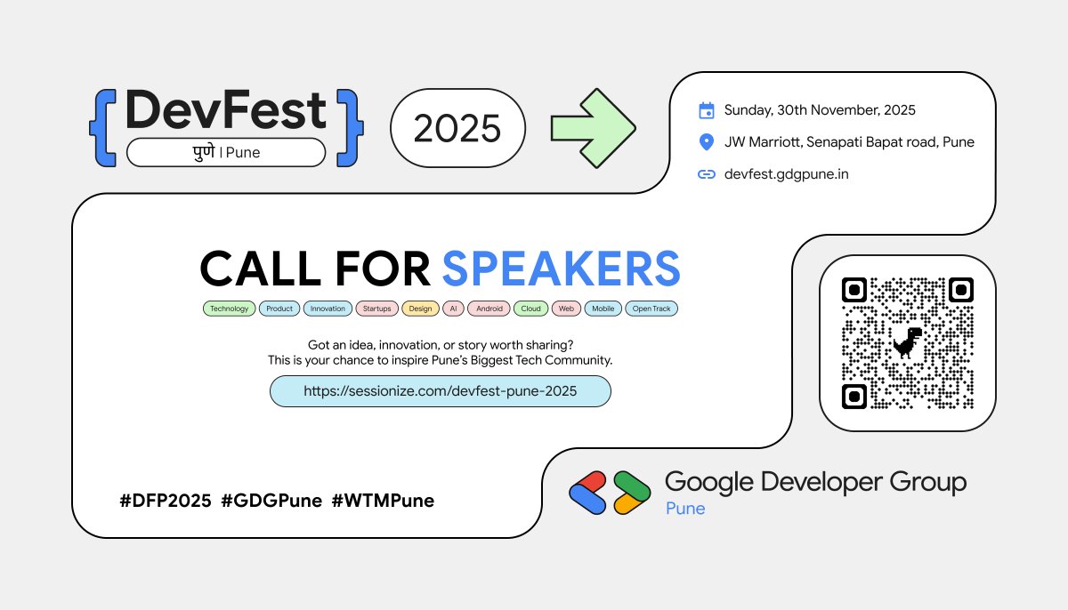 GDGPune's tweet photo. Call for Speakers is OPEN! 🎤 
Share your ideas &amp; inspire at #DevFestPune2025 ✨

Apply now :
📌 https://t.co/NgVARTKhoF

#DFP2025 #GDGPune #WTMPune https://t.co/5xI93aaPl9