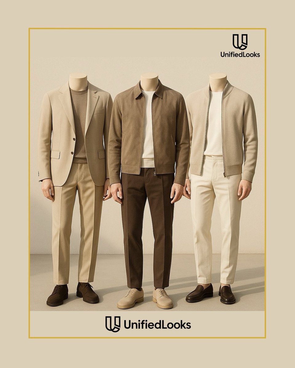 UnifiedLooks's tweet photo. Neutrals never go out of style.
Beige, brown &amp; off-white = the timeless trio for effortless sophistication.

✔ Easy to mix &amp; match
✔ Always elegant
✔ Works for any occasion

👉 Which look would you wear first — Left, Center, or Right? 
#MensStyle #OutfitIdea #MinimalFashion https://t.co/hW7ZF0cXpA