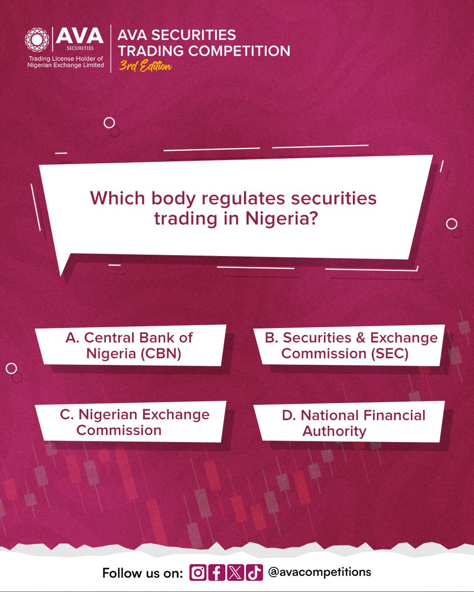 avacompetitions's tweet photo. Think you’re investment-savvy? 🌚
Let’s see how well you know the Nigerian market!
#AVACapitalGroup #AVASecuritiesTradingCompetition #StudentTraders #TradingChallenge https://t.co/krRKhT6JEb