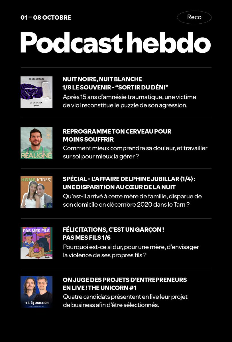On écoute quoi cette semaine comme podcasts ?

🧑‍⚖️ <a href="/JuLamboley/">Juliette Lamboley</a>
🧠 <a href="/MajorMouvement/">Major MOUVEMENT</a>
🕵️ <a href="/CaroNogueras/">Caroline Nogueras</a> x <a href="/BababamAudio/">Bababam</a>
🧑‍🧒‍🧒 <a href="/LouieMedia/">Louie Media</a>
📈 <a href="/Jokarizz/">Jokariz</a>

À retrouver sur Spotify ➡️ spoti.fi/403SJoq