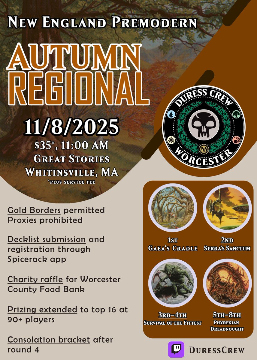 Our next regional – Autumn – is now Nov 8, 2025 (moved from Nov 15 due to prerelease conflict with the store). Same time as usual. Don't miss registration!

📅 Registration opens Sun Oct 5, Noon EST on Spicerack: spicerack.gg/events/2542958