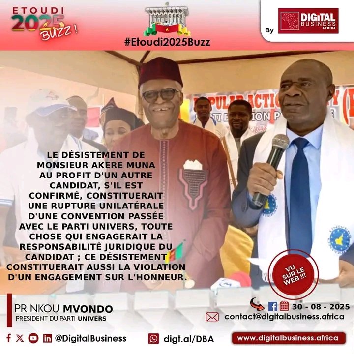 # Etoudi2025Buzz 🤳

🇨🇲 <a href="/ProsperNkou/">Prosper NKOU MVONDO</a> Prosper NKOU MVONDO : Le désistement de M. Akere MUNA constituerait aussi la violation d'un engagement sur l'honneur . 

Source : facebook.com/share/p/19qdn2…

Plongez au cœur de l'élection présidentielle d'octobre 2025 avec notre rubrique