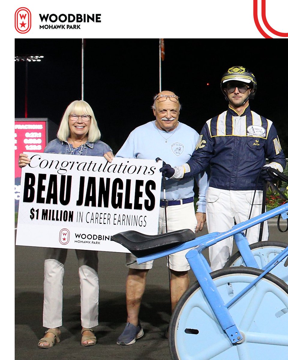 Driver Bob McClure was joined in the Woodbine Mohawk Park winner’s circle by trainer Dr. Ian Moore and his wife Nancy as Beau Jangles surpassed $1 million in career earnings on Tuesday night. The undefeated colt is now a perfect 9-for-9 as he heads toward the OSS Super Finals.