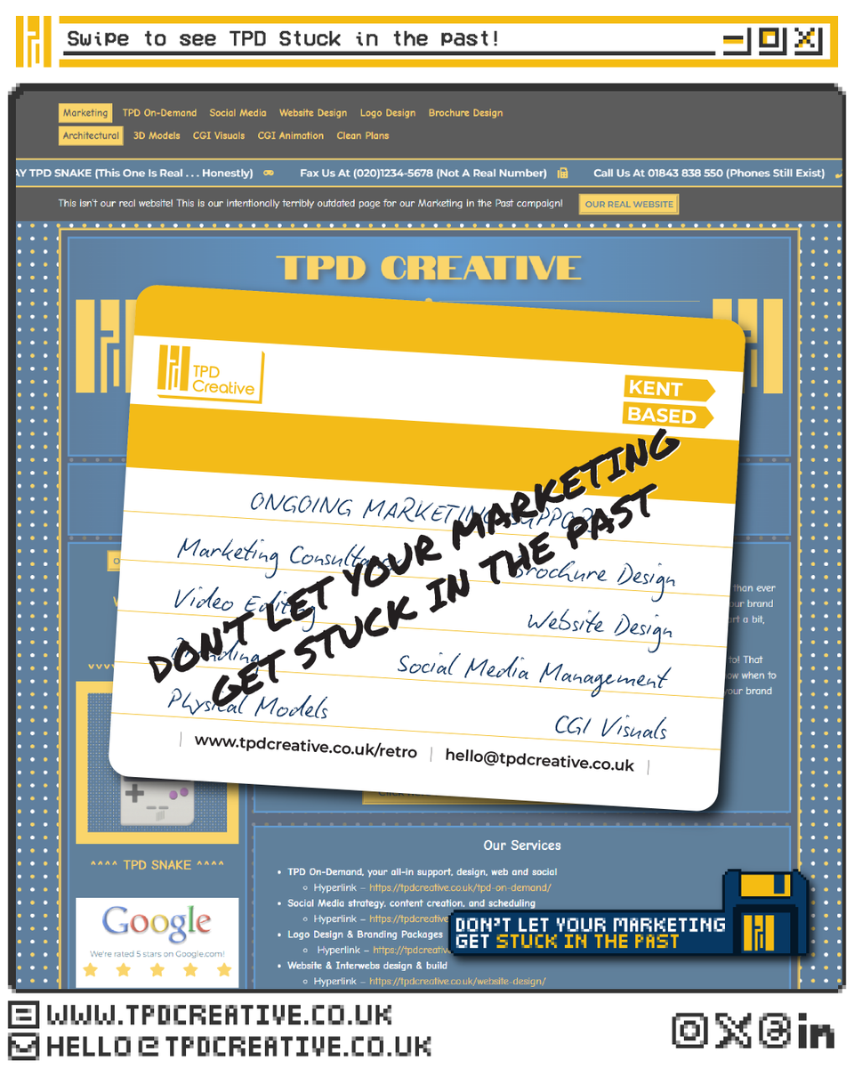 TPD_Creative's tweet photo. [DON'T LET YOUR MARKETING GET STUCK IN THE PAST]

Websites, branding, brochures, socials, strategy . . . they all age quicker than you think.

Leave it too long and you’re not just outdated, you’re invisible. 

At TPD we don’t let you fall behind.

https://t.co/oXvBoHitWp https://t.co/a8LLrLpJ5E