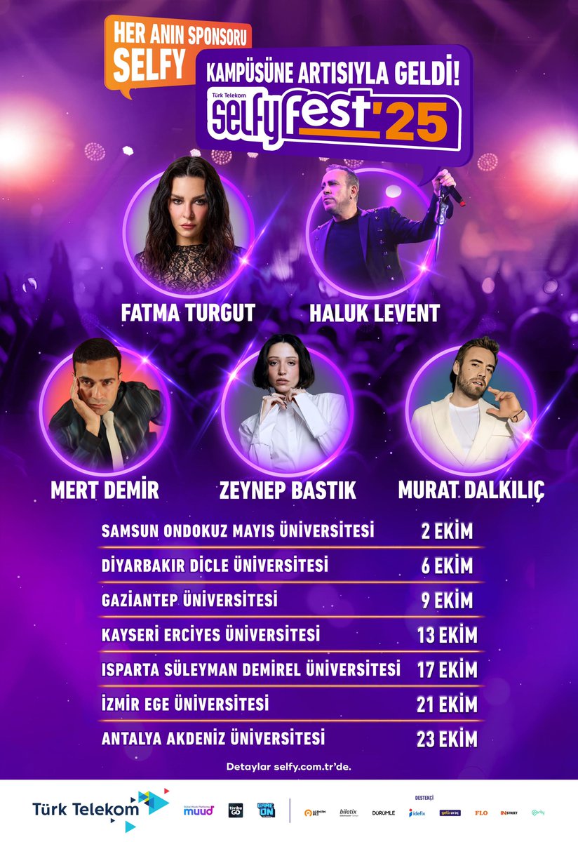 Türk Telekom’un gençlerin her anına değer katan gençlik markası Selfy, kampüslerde yeni dönem heyecanını birbirinden özel etkinliklerle yaşatıyor.
 
Selfyfest’25, 2-23 Ekim tarihleri arasında Samsun, Diyarbakır, Gaziantep, Kayseri, Isparta, İzmir ve Antalya’da ‘Her Anın Sponsoru