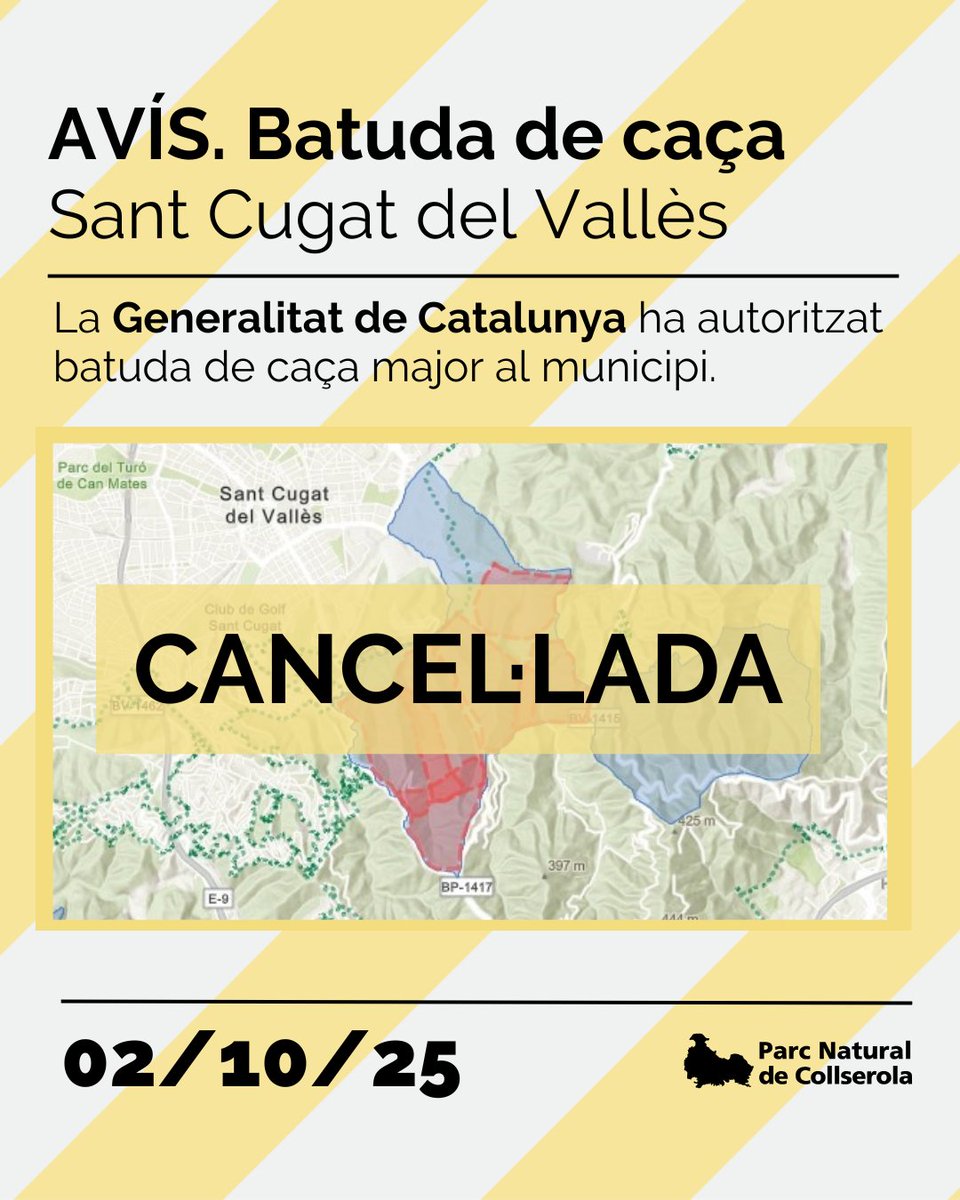 Parc Natural de Collserola (@parcncollserola) on Twitter photo ⚠️ La batuda prevista per demà a #SantCugatdelVallès ha estat cancel·lada ⚠️
<a href="/ajsantcugat/">Aj. Sant Cugat</a> ⚠️ La batuda prevista per demà a #SantCugatdelVallès ha estat cancel·lada ⚠️
<a href="/ajsantcugat/">Aj. Sant Cugat</a>