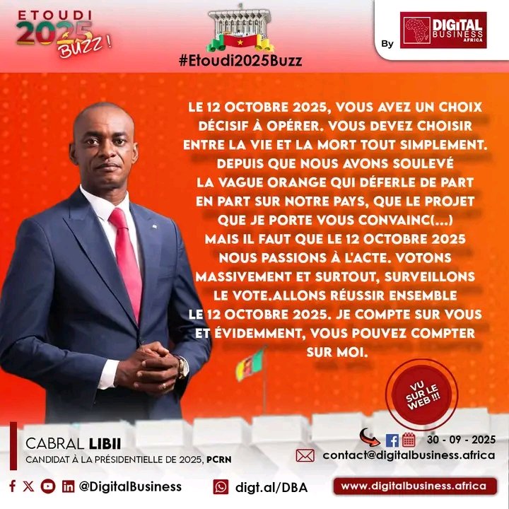# Etoudi2025Buzz 🤳

🇨🇲 <a href="/CabralLibii/">Cabral LIBII</a> Cabral LIBII : Vous pouvez compter sur moi.

Source : facebook.com/share/p/1BZq1e…

Plongez au cœur de l'élection présidentielle d'octobre 2025 avec notre rubrique exclusive. Avec Etoudi2025Buzz, Digital Business Africa vous propose une analyse