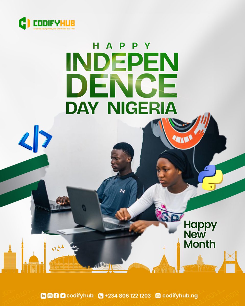 CodifyHub's tweet image. Happy New Month & Happy Independence Day Nigeria 🇳🇬 ! This month, we're not just looking back at history—we're teaching our young innovators to code the future.