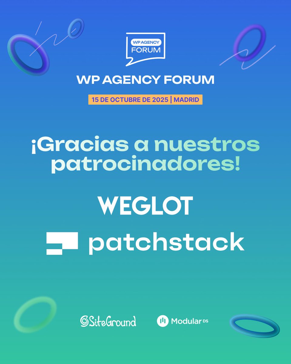 ModularDS's tweet image. #WPAgencyForum es aún mejor con el apoyo de nuestros patrocinadores: @weglot y @patchstackapp 🚀
¡Gracias por sumaros a este encuentro único y ayudarnos a hacerlo posible!
Nos vemos muuuuy pronto junto a nuestros amig@s de @SiteGround_ES 💜