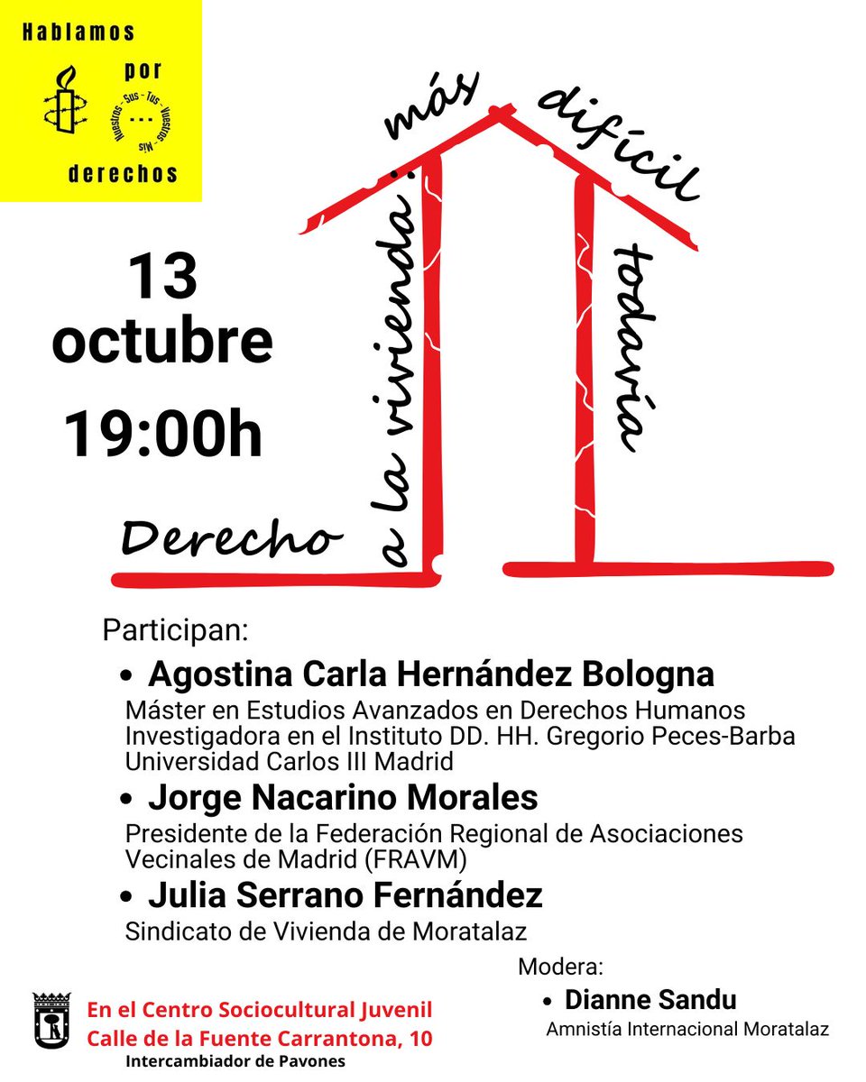 El lunes 13 de octubre estaremos en el Centro Sociocultural Juvenil de Pavones hablando sobre el problema de la vivienda🔥🔑💙

Os esperamos a las 19h!!!🏘