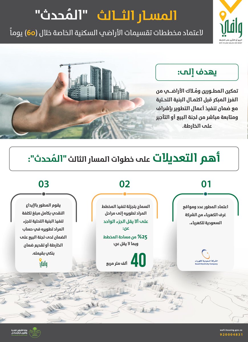 AhmedOtibyeng's tweet image. #الأراضي_البيضاء 

لملاك الاراضي الخام في #الرياض خاصة،
 بالامكان الاستفادة من برنامج (المسارات المحدثة لاعتماد المخططات + برنامج #وافي التابع لـ #سكني ).. لاعتماد مخطط الأرض وبيعها وافراغها خلال مدة لا تزيد عن 90 يوم .. بشرط،
- دفع تكلفة التطوير للبنية التحتية، او على الاقل 25%…