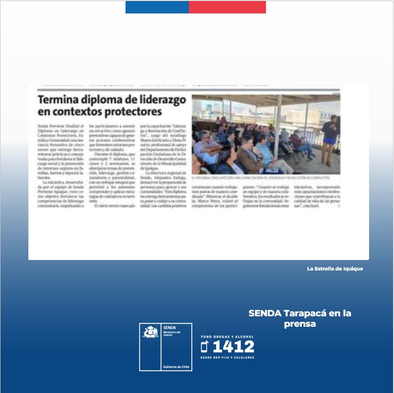 Senda_Tarapaca's tweet photo. 🗞️Agradecemos a La Estrella de Iquique por difundir el Diploma en Liderazgo Comunitario que desarrollo nuestro @previene_iqq, destacando el trabajo colaborativo entre  instituciones y líderes locales, para promover la prevención y el cuidado de nuestra comunidad. https://t.co/uxNFVBFIlX