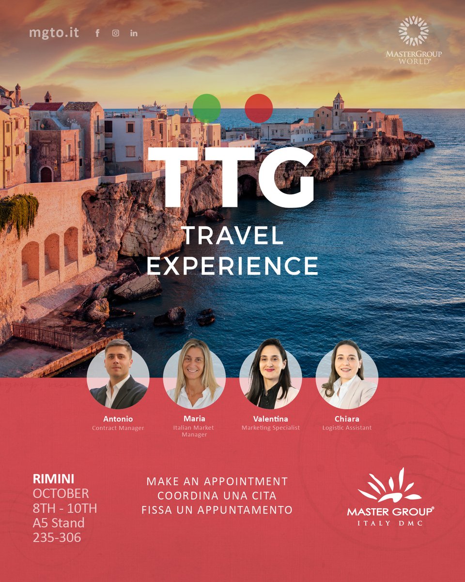 😮 Manca solo 1 settimana!
Dall'8 al 10 ottobre saremo al TTG Rimini – Pad. A5 | Stand 235-306

Vieni a trovarci per parlare di turismo incoming e scoprire il nostro team!

✈️ ci vediamo al #ttg2025 #mastergroupitaly #incomingitaly #DMC #tourism #italia #siamoitalia #italy