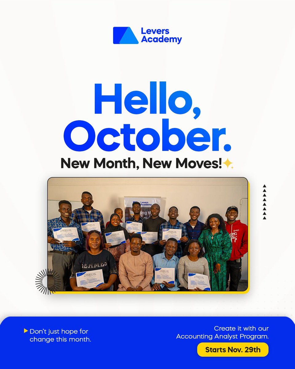 leversacademy's tweet photo. Happy New Month! ✨
New month = fresh start + fresh moves. 🚀

Our next Accounting Analyst Program kicks off Nov 29, the perfect time to choose growth. 💡

👉 Join the next cohort today!

#LeversAcademy #HappyNewMonth
#careeropportunities #accounting https://t.co/vCIz5MA1Yl