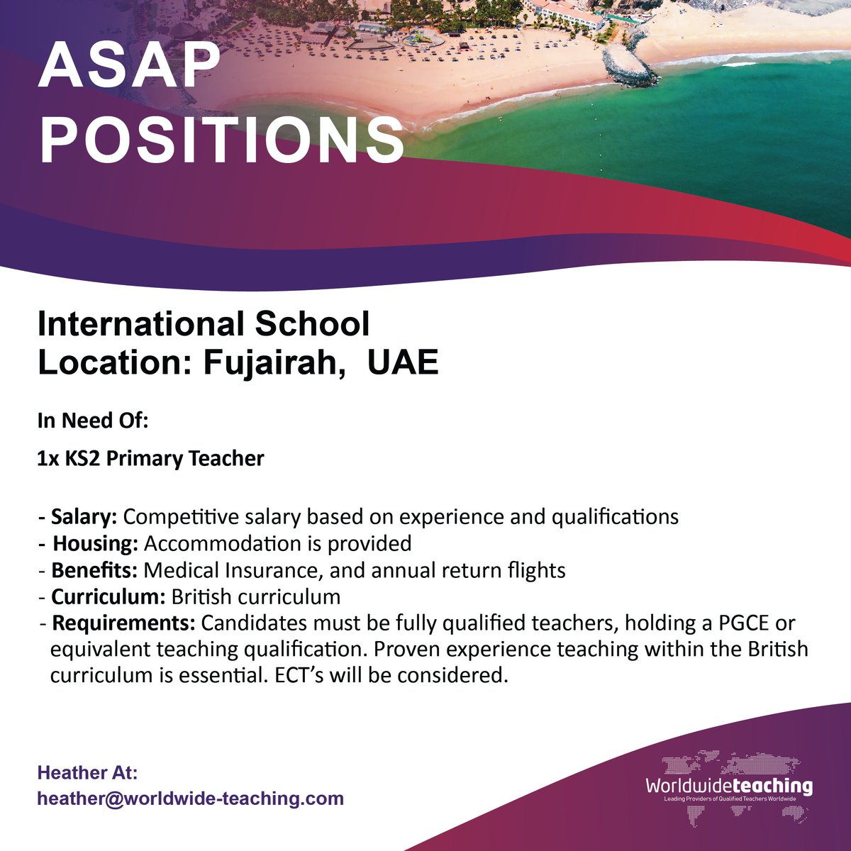 Worldwide_Teach's tweet photo. 🚨 URGENT: KS2 Primary Teacher Needed ASAP! 🇦🇪

We have an immediate opening for a qualified KS2 Primary Teacher at a prestigious International School in Fujairah, UAE.

📧 Send your CV to heather@worldwide-teaching.com today! https://t.co/D5RDIG9YAQ