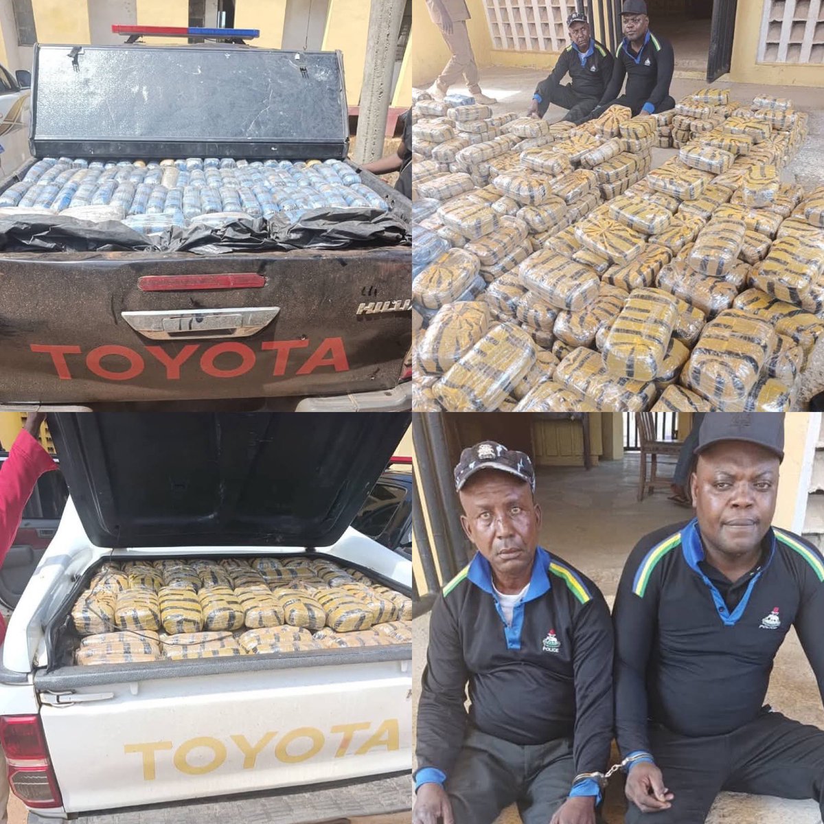 EmmanOSINT's tweet photo. 6 BRIGADE TROOPS ARREST FAKE POLICE OFFICERS WITH TWO HILUX LOADED WITH CANNABIS IN TARABA

In continuation of the ongoing operations across Taraba State code-named OPERATION LAFIYA NAKOWA, aimed at flushing out bandits and other criminal elements, troops of 6 Brigade Nigerian Army/ Sector 3 Operation Whirl Stroke (OPWS), in conjunction with operatives of the National Drug Law Enforcement Agency (NDLEA), have recorded another breakthrough.

Acting on credible intelligence, troops alongside NDLEA personnel intercepted and apprehended two fake policemen at Takum Junction in Wukari Local Government Area. The suspects, who were dressed in mobile police uniforms, were found with two Toyota Hilux vehicles loaded with substances suspected to be cannabis.

Preliminary investigation revealed that none of the occupants are serving policemen. The cannabis-laden vehicles were traced to have been loaded from Akure, Ondo State, and were heading towards Adamawa State before interception.