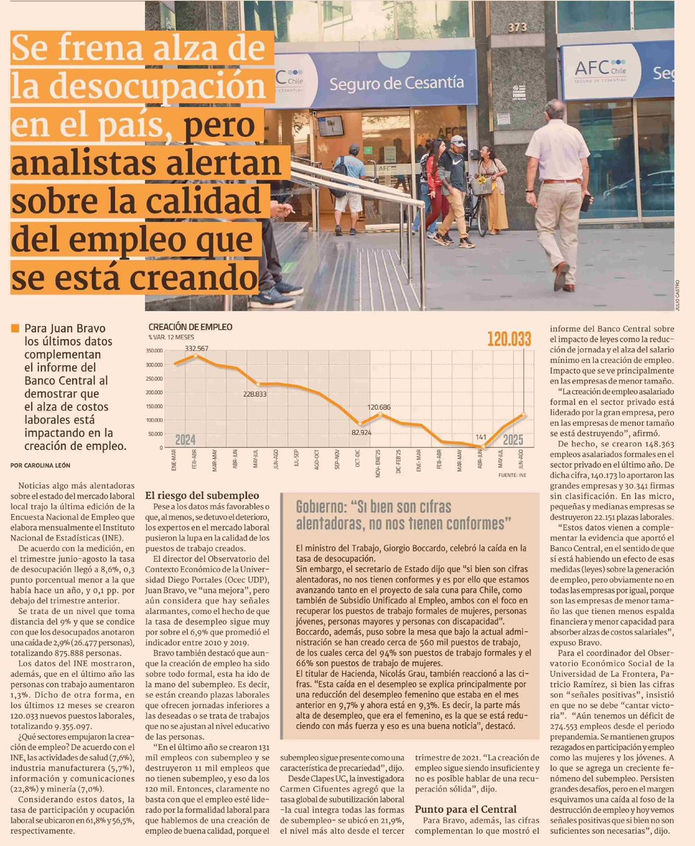 El director del OCEC UDP <a href="/jpbravom/">Juan Bravo M.</a> explicó en <a href="/DFinanciero/">Diario Financiero</a> que al trimestre junio-agosto 2025 la generación de empleo asalariado formal en el sector privado está liderada por la gran empresa, pero que en las mipymes hubo una destrucción anual de 22.151 empleos de este tipo