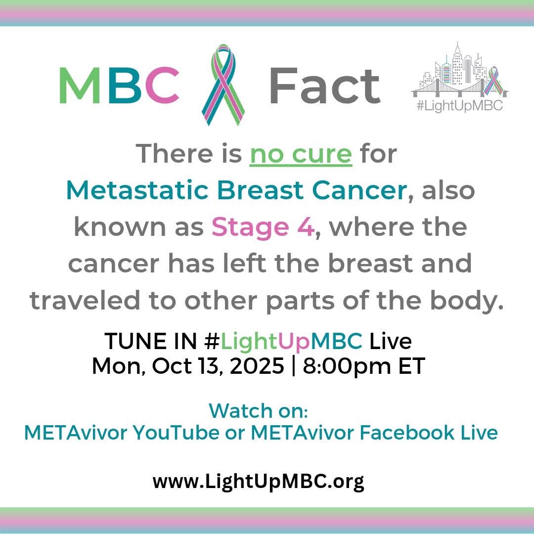 JaniceTNBCmets's tweet photo. October (Pinktober 🎀)  is here 🩷💙💚<sigh>

October 13th - National MBC Awareness Day! Join in for the #LightUpMBC global campaign & live show 8 pm ET on @metavivor YouTube or Facebook Live & help #FundMBCresearch!

BC Awareness month perspective from dear friend, MBC-haver, & incredible #patientadvocate➡️@AMJohnston1315 
👉🏻https://t.co/LpuzKZj2Sr

#MetastaticBreastCancer
#BeyondPinkRibbons
#StageIVNeedsMore
#bcsm