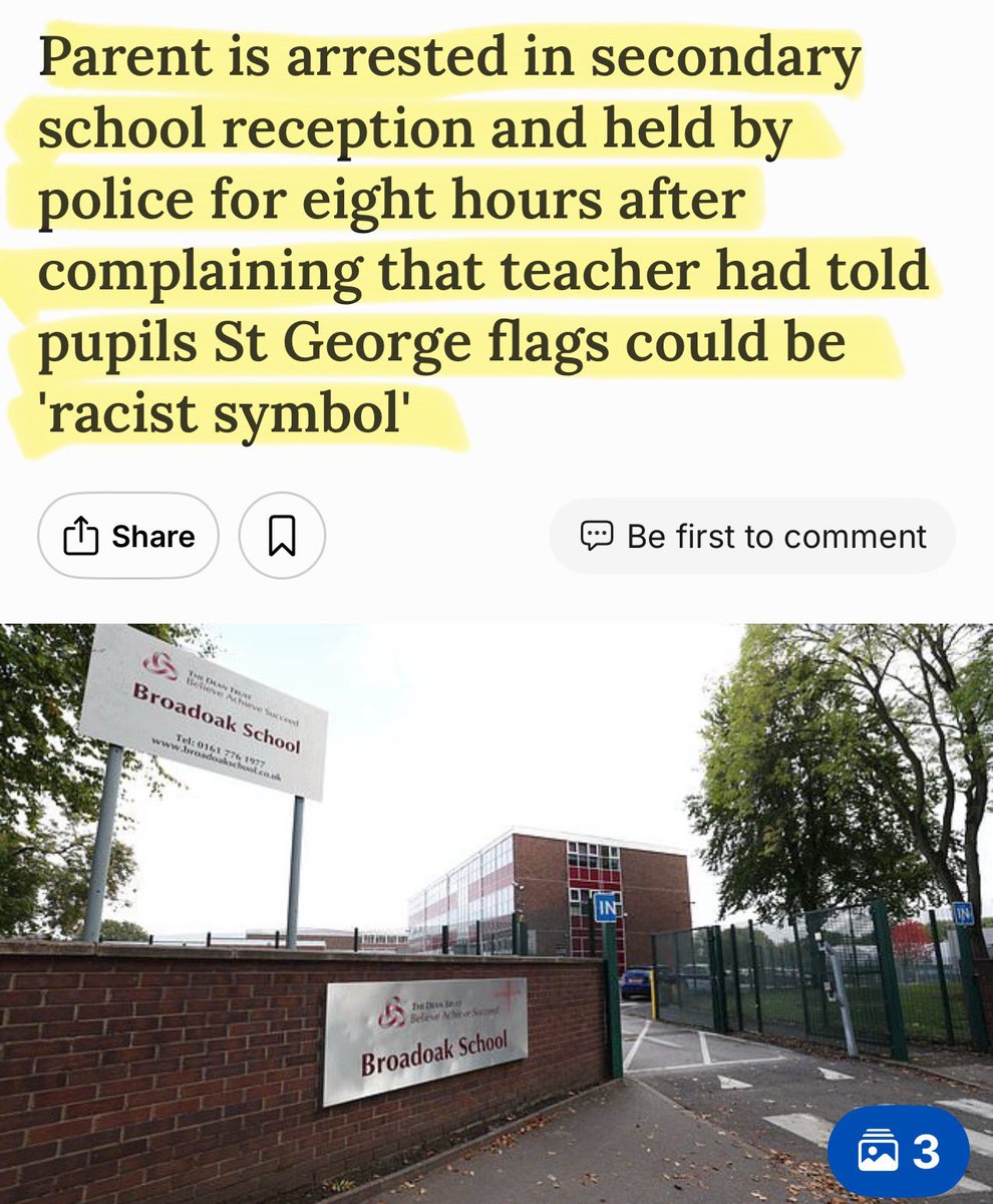 Artemisfornow's tweet photo. It is reported that a teacher told a class the St George flag could be a “racist symbol”, parent complained. Police arrested the parent.

Why is anyone being arrested at all? Discussion should take place in schools & a parent complaining of bias shouldn’t be arrested.

It’s all so infantile now.