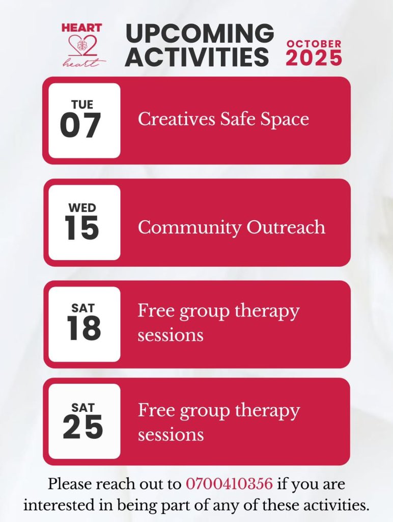 We took a short break after the run to rest, reflect and plan how to serve you better.
We are back with a bang and here are some activities you can look forward to this October with Heart to Heart Spaces:

📲 To be part of any of these activities, kindly reach out to 0700410356.