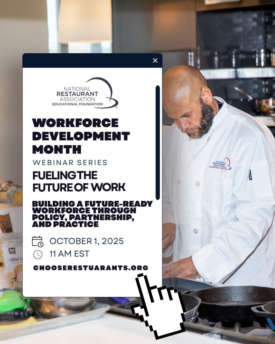 WeRRestaurants's tweet image. Today at 11 AM ET! 📆 

Don’t miss @NRAEF's final Workforce Development Month webinar. Learn how public-private partnerships &amp;amp; resources like apprenticeships, tax incentives &amp;amp; childcare credits can help you build future-ready teams.

Register now: bit.ly/46tuUrU