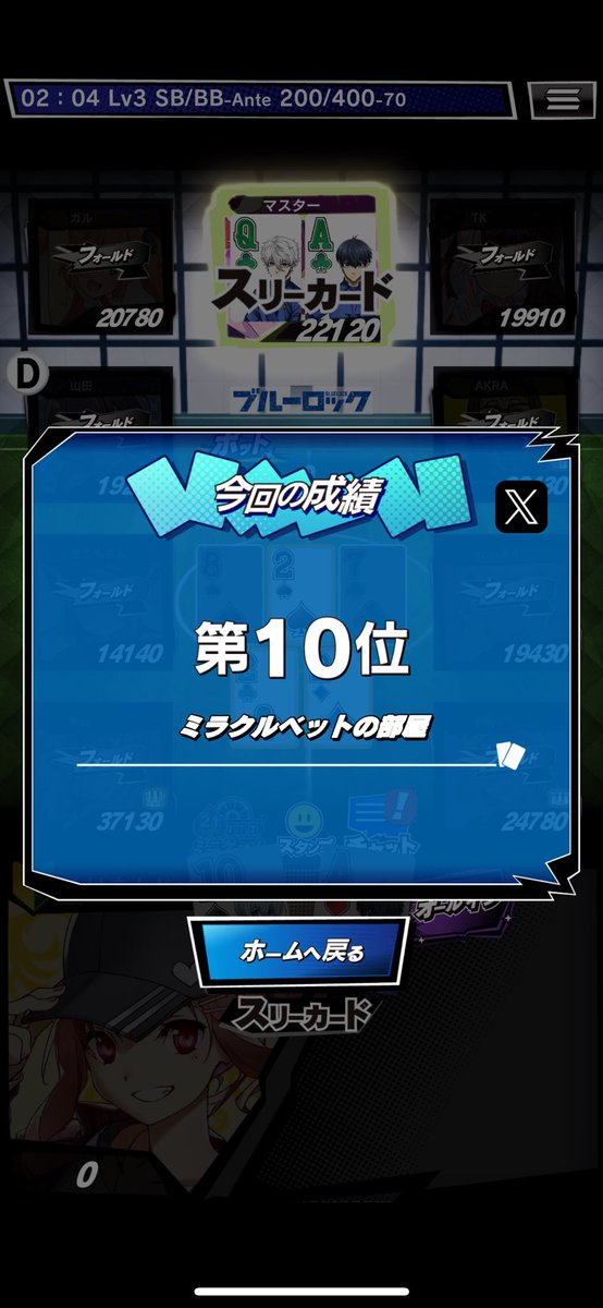 ＼ｍHOLD'EMでトーナメントに参加／

ミラクルベットの部屋
第10位
即飛び！悲しいですが、自分のミスです…笑
開催ありがとうございました！

■ｍHOLD'EMはこちら！
mpj-portal.jp/game/
 #mHOLDEM #エムホールデム