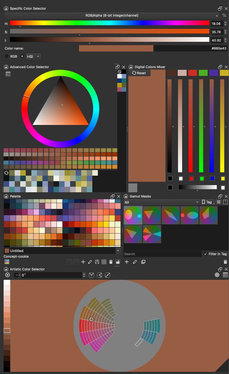 <a href="/allieverneeded/">blerghh</a> Yes. It has everything (RGB, CMYK, HSV, HSI, HSY) and a lot of options for color pickers and sliders, colors from the image, last used colors, gamut masks etc. It's a professional painting software. It has all what is actually useful. Here are all the color tools in one image: