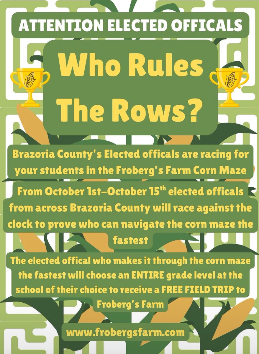 Thanks to <a href="/FarmerFroberg/">Tyler Froberg</a> for hosting this fun challenge. I was the first elected official through the corn maze with a fast time—let’s see who can beat it. Winner gets to give a free field trip to a local school!
