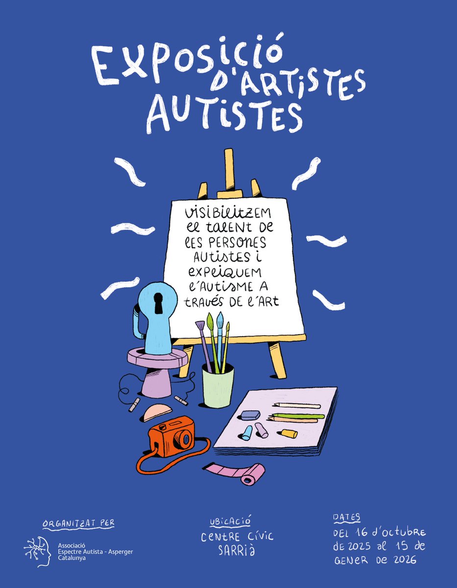 Visibilitzem el talent de les persones autistes!

Des del 16 d'octubre al 15 de gener de 2026, organitzem una exposició d'artistes autistes al Centre Cívic Sarrià, a Barcelona.

Si vols assistir a la inauguració el proper dia 16, inscriu-te! vivetix.com/es/entradas-in…

#Autisme #TEA