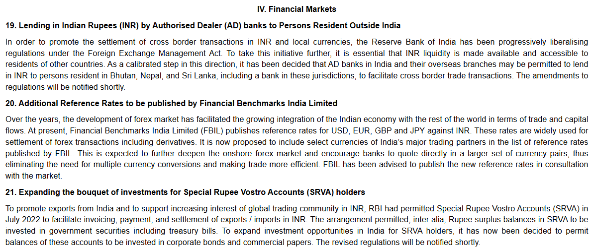 Can't believe I missed this. Super steps on internationalizing the rupee! 
1) Indian banks can lend INR to Nepal/Bhutan/SL - baby steps before they open up to other countries
2) Have reference rates of INR vs many other currencies for bilateral trade (beyond JPY, USD, EUR, GBP)